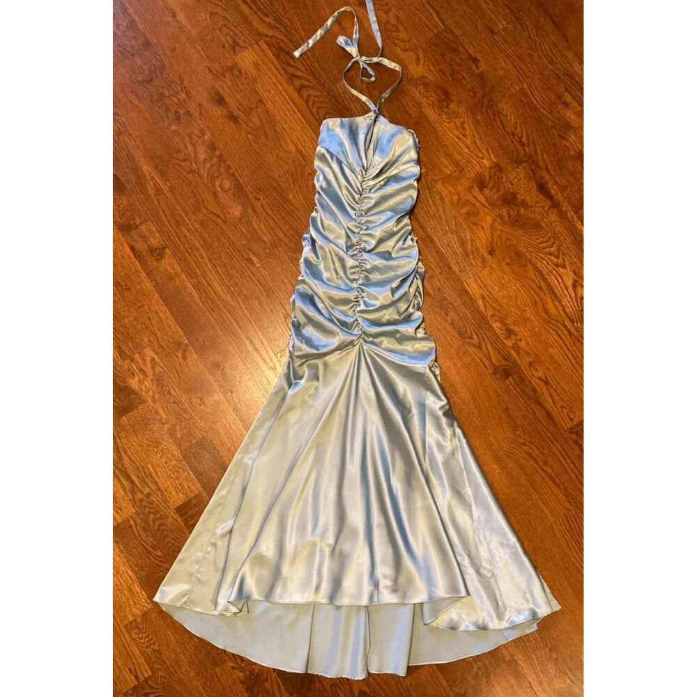Jessica McClintock Vintage Blue Ruched Halter Neck Prom Formal Dress Size 2 - Picture 2 of 14